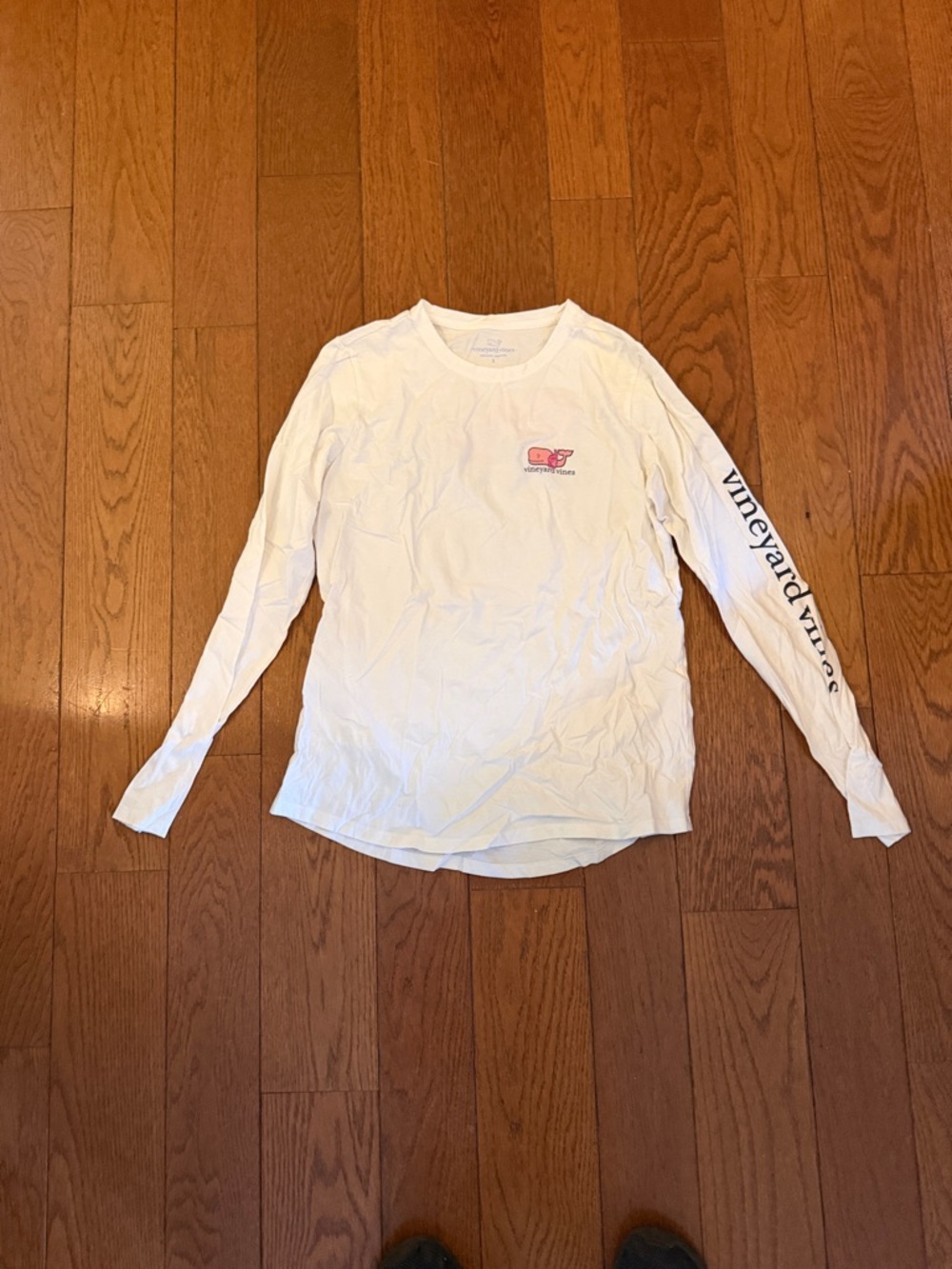 Vineyard Vines White Long Sleeve Tee with Pink Whale Chest Logo